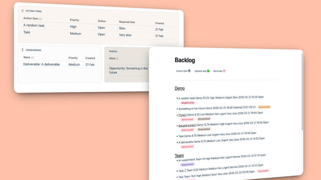 Screenshots of the backlog page and a table of filtered tasks